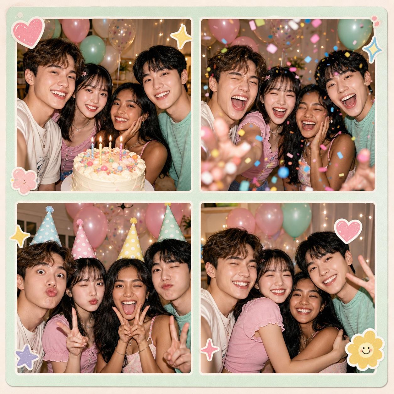 Birthday group selfie grid with cake, confetti, silly faces, and group hug frames