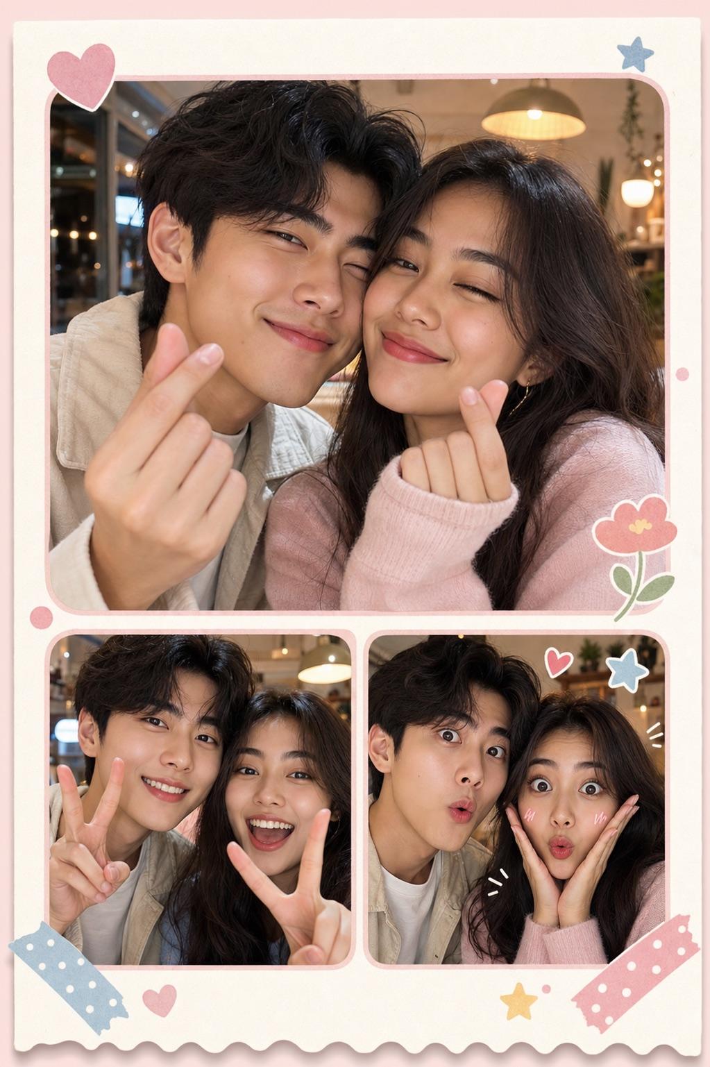 Two-person selfie keepsake with a main close-up and two smaller playful selfie frames